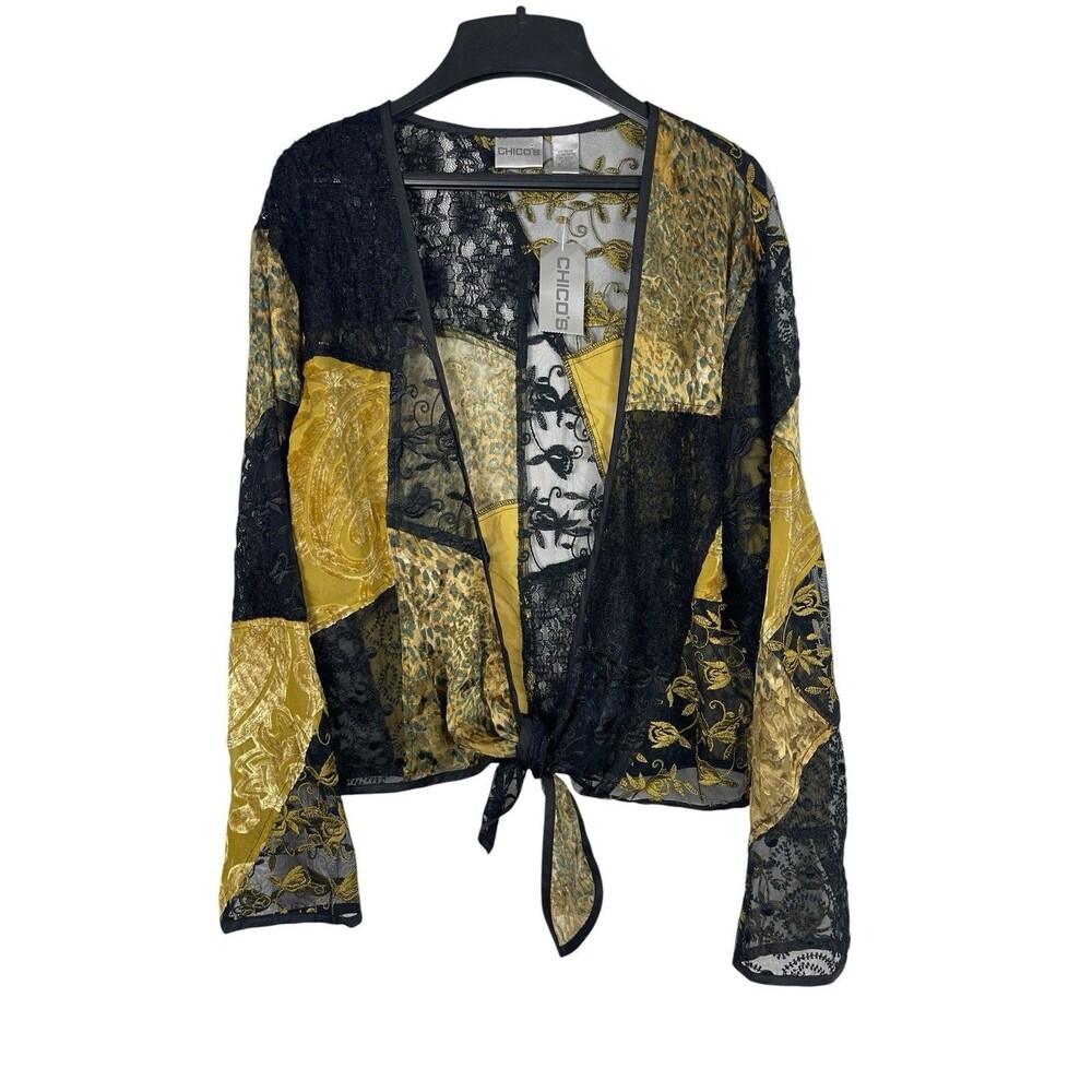 Chico’s Lace Patchwork Velvet Silk Burnout Black Gold Tie Front Top Size 2 L NWT